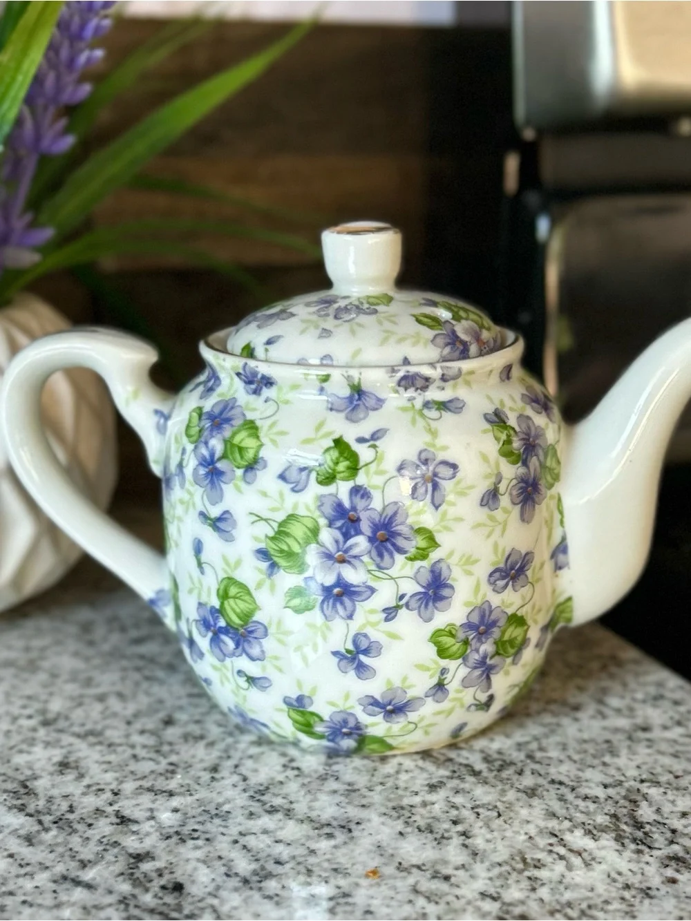 White Porcelain Teapot with Purple and Green Floral Print Design Lefton China
